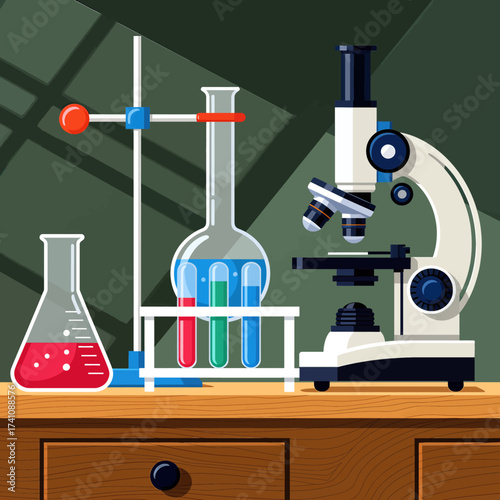 Science Lab Essentials: Microscope, Test Tubes, and Beakers on Wooden Table