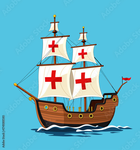 Sailing Ship with Red Cross Flags on Calm Blue Sea