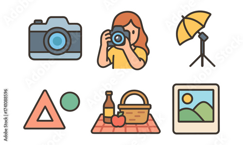 Flat style photography icons with camera, tripod, picnic elements, and geometric shapes