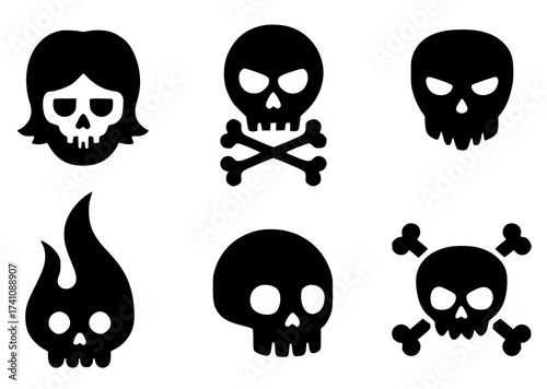 Set of Skull and Crossbones Black Silhouette Icons in Various Styles