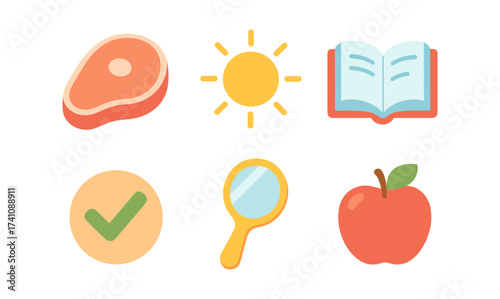 Colorful flat icons: meat, sun, open book, check mark, magnifying glass, apple