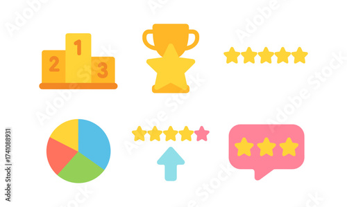 Colorful flat style awards and ratings set with trophies and stars