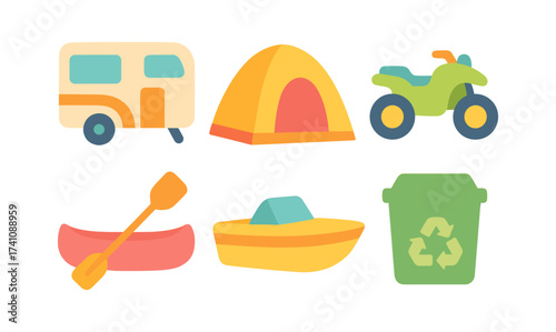 Camping adventure icons: rv, tent, atv, canoe, kayak, recycling