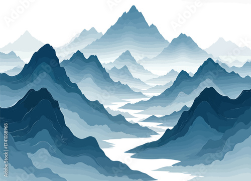Serene Mountain Range in Blue Tones with Misty Peaks