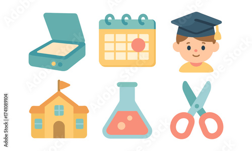 School icon set: education, learning, and creativity in flat design
