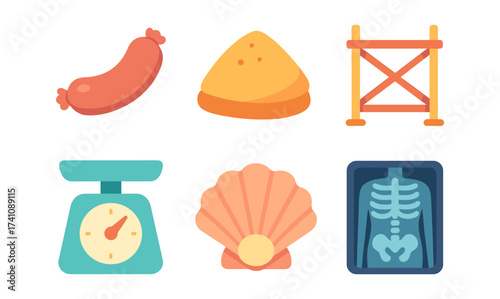 Set of colorful flat icons: sausage, cheese, gate, scale, shell, x-ray