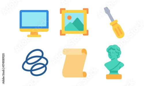 Minimalist icon set featuring technology tools art sculpture and diy elements