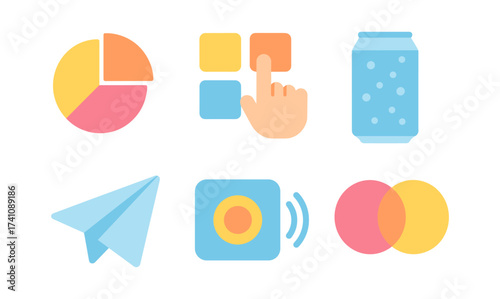 Flat design icons: pie chart, touch interface, soda can, paper airplane, sound system, overlapping circles