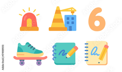 Colorful flat icons featuring alert light, construction, number, skateboard, and notebooks