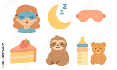 Cute sleep and cozy objects set featuring cake, sloth, bear, and moon elements