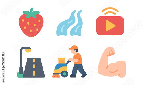 Playful flat icons set with strawberry, water, and more