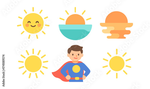 Cute sun and superhero in flat cartoon style vector art