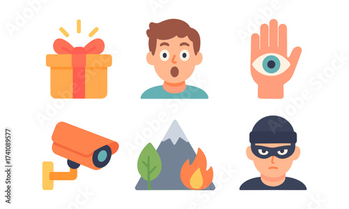 Surprised man, security, gift box, and safety icons in modern flat style