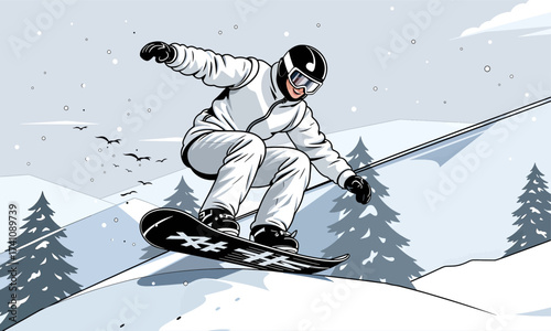 Snowboarder in Action on Snowy Mountain with Birds