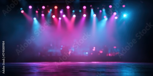 Fototapeta Naklejka Na Ścianę i Meble -  Vibrant stage lights illuminate a smoky, atmospheric performance space, creating an electric mood for concerts and events.
