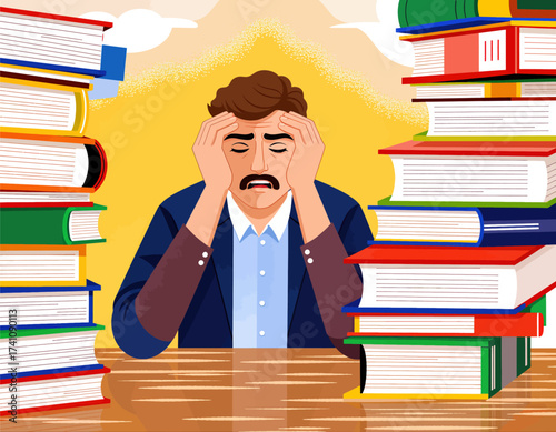 Stressed Student Surrounded by Stacks of Books in Study Room