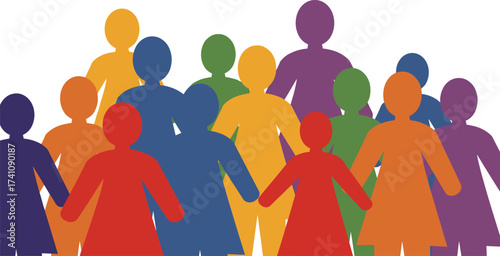 Colorful community illustration, diverse people silhouettes, inclusive teamwork concept, family unity, children and adults together, multicultural society, equality, diversity, support, harmony