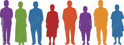 Colorful diverse people silhouettes, inclusive community illustration, multicultural group concept, equality and unity, teamwork support, individuality expression, society harmony, human diversity