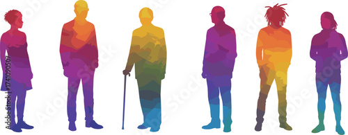 Colorful human silhouettes diversity illustration, multicolored gradient people figures, inclusive community design, modern abstract artwork, creative representation of society, equality concept
