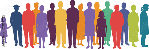 Colorful human silhouettes illustration, diverse group of adults and children, inclusion unity concept, multicolor people figures, community diversity, teamwork connection, professional stock art