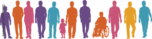 Colorful human silhouettes illustration, diverse people group with child and wheelchair inclusion, unity and diversity concept, multicolor figures, community teamwork, professional stock art