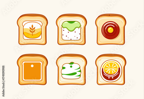 Variety of Toast Toppings on Bread Slices: Honey, Cream Cheese, Jam, Peanut Butter, Butter, and Lemon Curd