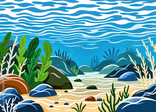 Underwater Serenity: Coral Reef with Waves and Rocks