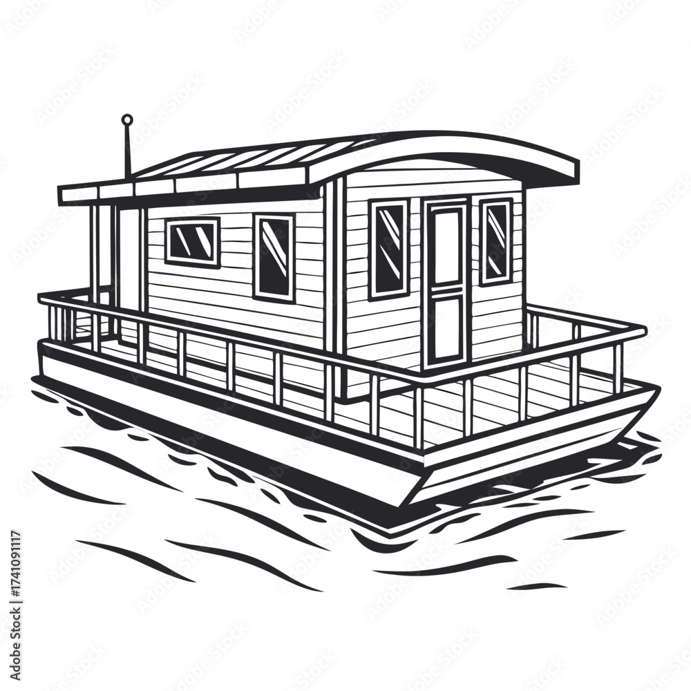 Obraz premium Black and white vector illustration of a houseboat on water