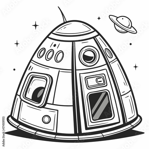 Black and white vector illustration of a futuristic spaceship pod