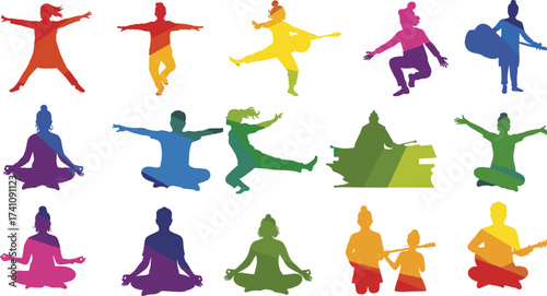 Colorful human silhouettes, diverse activities, dancing music yoga meditation, fitness exercise poses, cultural expression, vibrant lifestyle illustration, wellness community, abstract diversity art