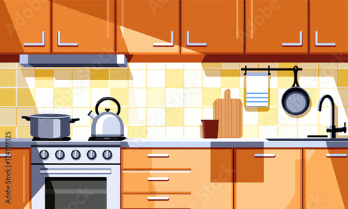 Warm Kitchen Scene with Orange Cabinets and Cooking Essentials