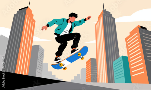 Urban Skateboarder in Action Against Cityscape at Sunset