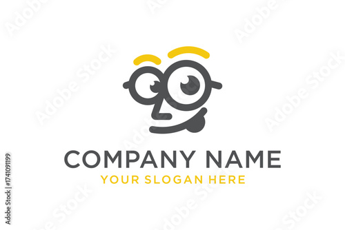 Playful cartoon character logo with glasses and sticking out tongue. Creative mascot icon for smart and fun brand identity.