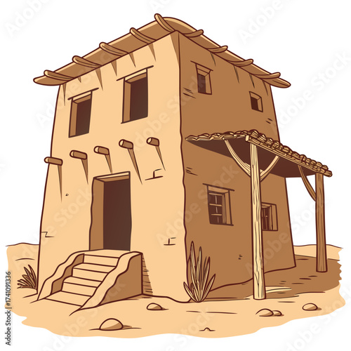 Cartoon Adobe House with Thatch Roof and Wooden Porch