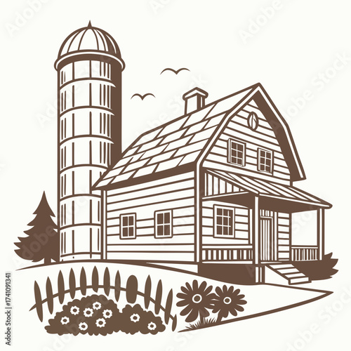 Brown vector illustration of a wooden farmhouse with silo