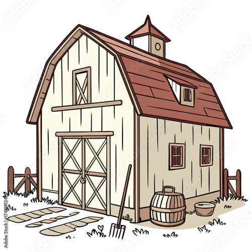 Cartoon barn with wooden barrel and pitchfork on white