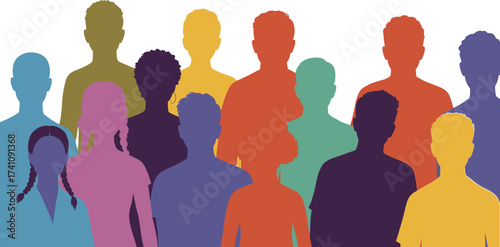 Diversity community silhouettes, colorful human figures, teamwork unity, social inclusion, multicultural group, 