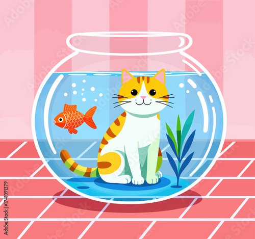 Whimsical Cat and Fish in Aquarium, Pastel Surrealism