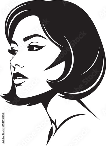 arrow,Elegant vector art of a stylish woman with a classic bob hairstyle in black and white