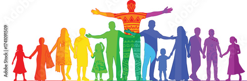 Rainbow diverse people silhouettes, inclusive community illustration, multicultural unity concept, equality and support, LGBTQ pride, family togetherness, teamwork, harmony, cultural diversity