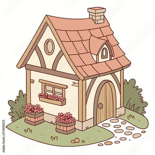 Cartoon fairy tale wooden cottage with pink flowers