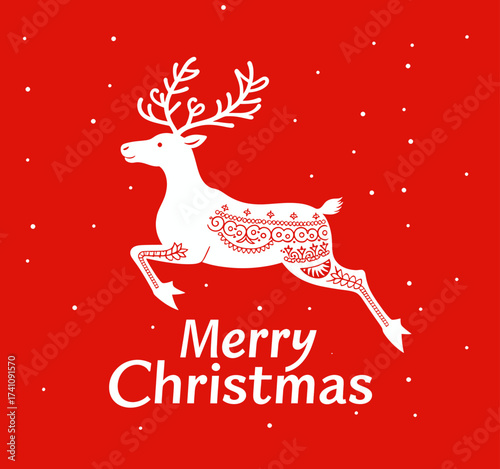 White Reindeer Christmas Greeting Card with Red Background