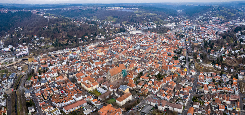 Fototapeta premium Aerial view around the old town of Schwäbisch Gmünd in Germany on a cloudy autumn day