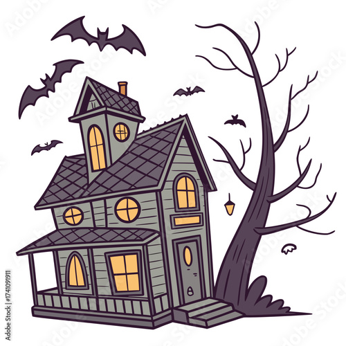 Cartoon haunted house with bats and bare tree Halloween