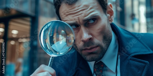 Businessman looking through a magnifying glass, searching, monitoring the situation, Generative AI.