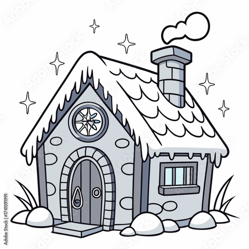 Cartoon ice house with snow and stars winter fantasy