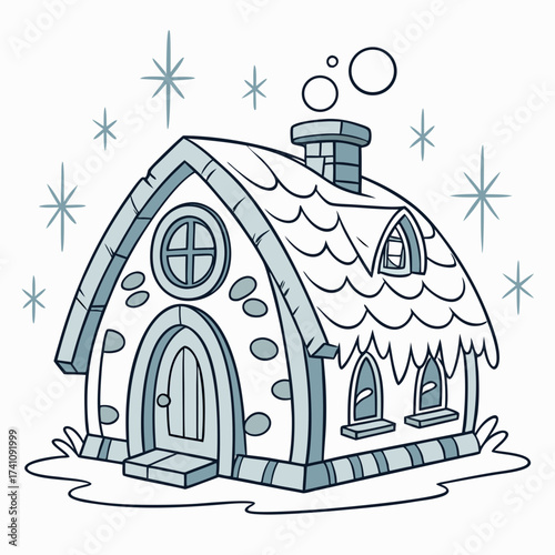 Cartoon ice house with starbursts and smoke fantasy