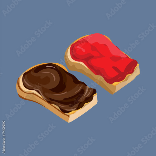 vector illustration of two loaves of bread with chocolate and strawberry jam