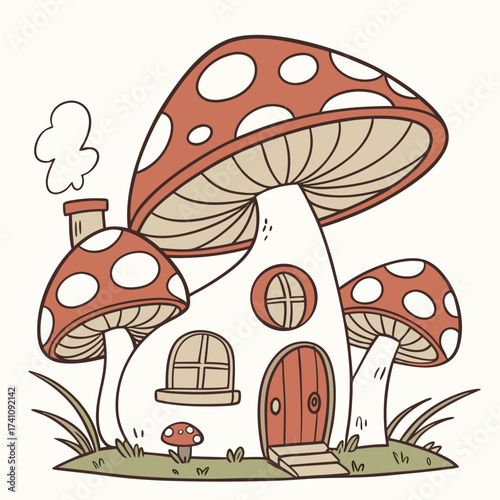 Cartoon mushroom houses with red spotted caps and white walls