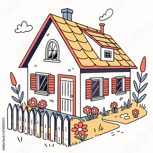 Cartoon style house with red shutters and yellow roof